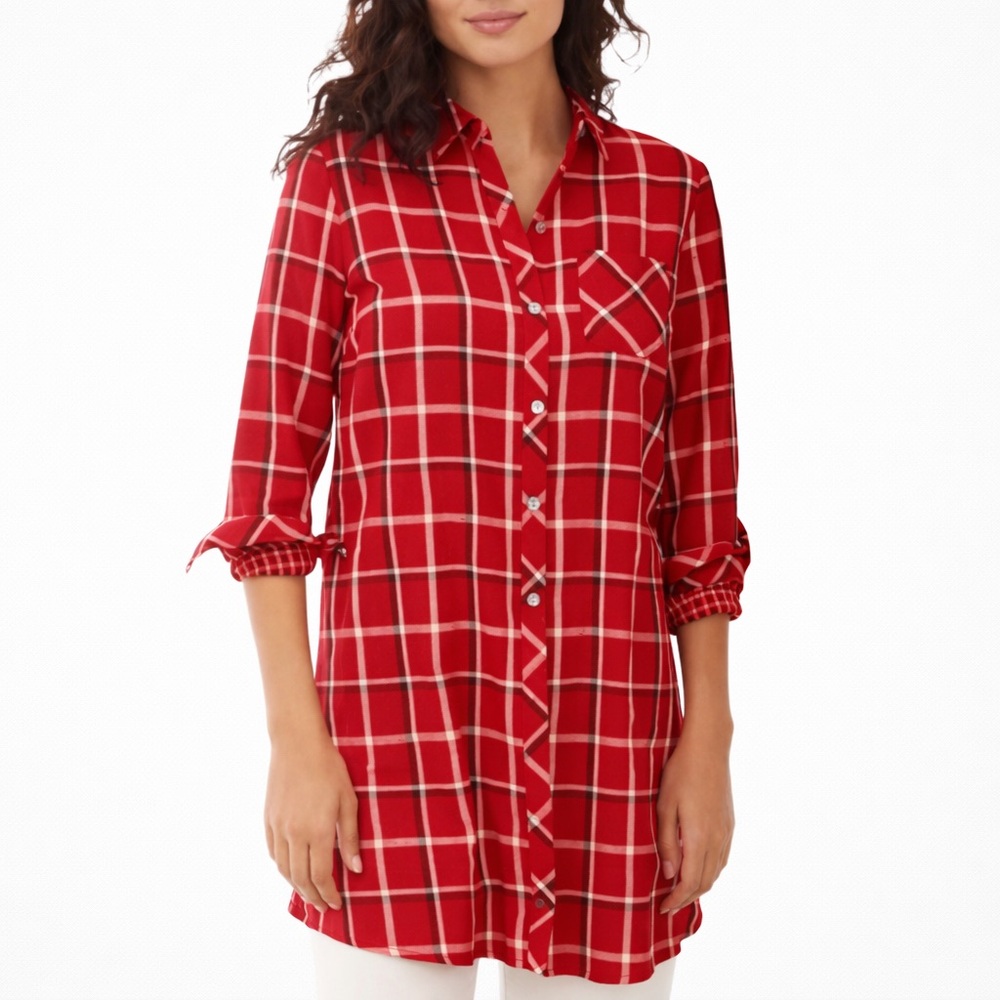 J.JILL DOUBLE GAUZY COTTON RED PLAID LONG BUTTON FRONT TUNIC POCKETS SIZE LARGE
